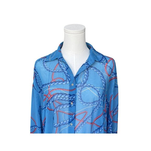 Zara Sheer Nautical Button Down Top M Blouse Oversized Preppy Beach Chain Rope - Picture 3 of 11